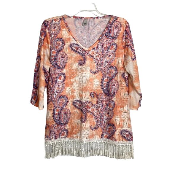 Paisley Fairy Y2K Top Women L Artsy Lace Fringe Hem Openwork Orange Purple Boho - Picture 1 of 12
